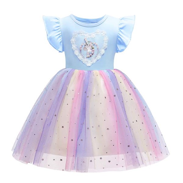 Girls Unicorn Princess Little Party Dress with Flight Sleeve vY Light Blue 150cm