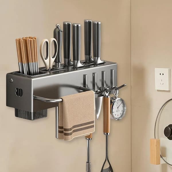 Drill-Free Wall-Mounted Kitchen Utensil Holder with Hooks, Hanging Spatula Spoon Cutlery Storage Rack Kitchen Accessory Organizer