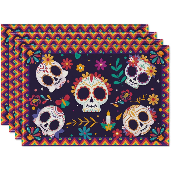 Skulls Floral Day of The Dead Halloween-dekkebrikker sett med 4, sesongbaserte høstbordmatter for festkjøkken og spisedekorasjoner