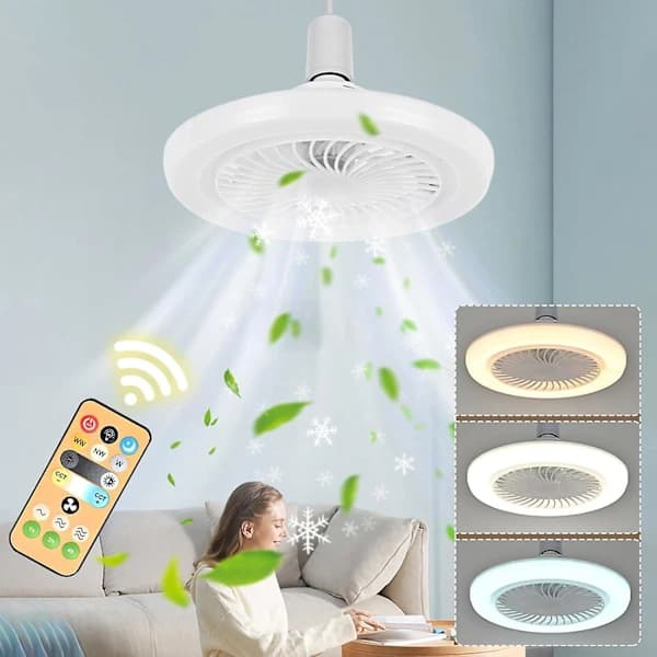 Ceiling fan with light for bedroom - E27 3 colors enclosed ceiling fans with remote control Intelligent control, eye-protecting dimmable