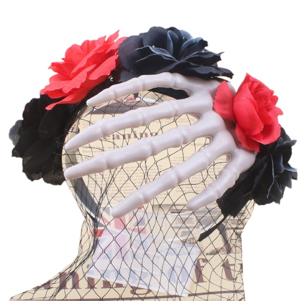 Ladies Skull Flower Shaped Headband Makeup Headband Carnival Hair AccessoriesBlack and red