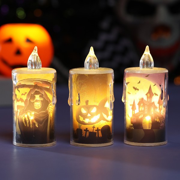 3 stk Mini Halloween stearinlys, Halloween Flammefri Krystal stearinlys Lamper Pumpkin Witch Castle LED-lamper til Hallowee