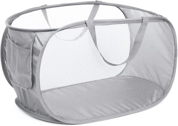Durable Foldable Laundry Baskets, Mesh Pop Up Laundry Hamper with Practical Pocket, Collapsible Clothes Basket with Reinforced Carry Handles-Grey