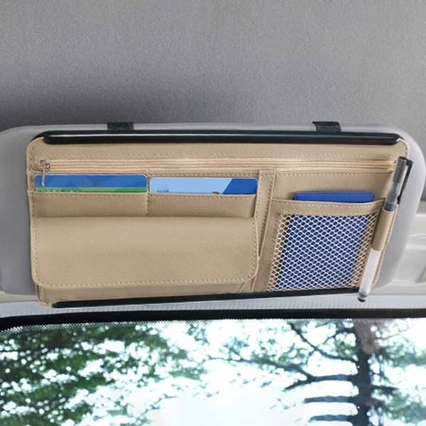 Sun Visor Organizer - PZCC - Universal Storage Pocket - Synthetic Leather & ABS - Beige - Large Capacity (≤20 cm)