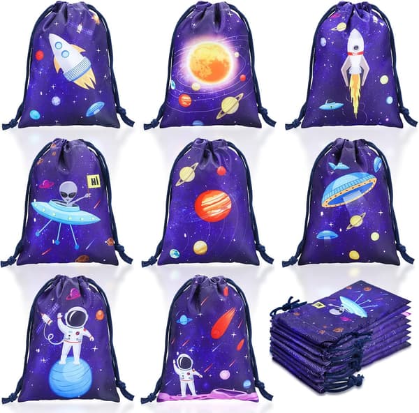 24 st rymdfestfavoriter 7,1 x 5,1 tum presentpåsar med dragsko solsystem planet godispåse astronaut byte snack galax baby