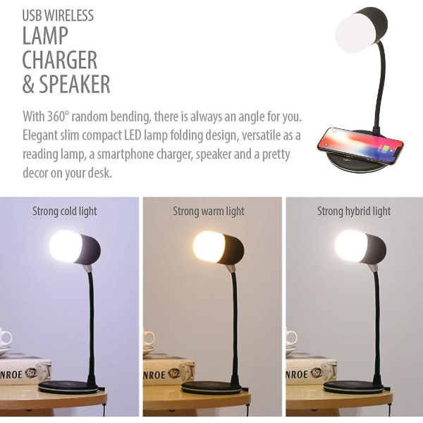 Led skrivebordslampe med Qi trådløs smart oplader, natbordslampe til hjemmekontor. Bluetooth tilsluttet højttaler, 3 lysfarveskiftende tilstande A