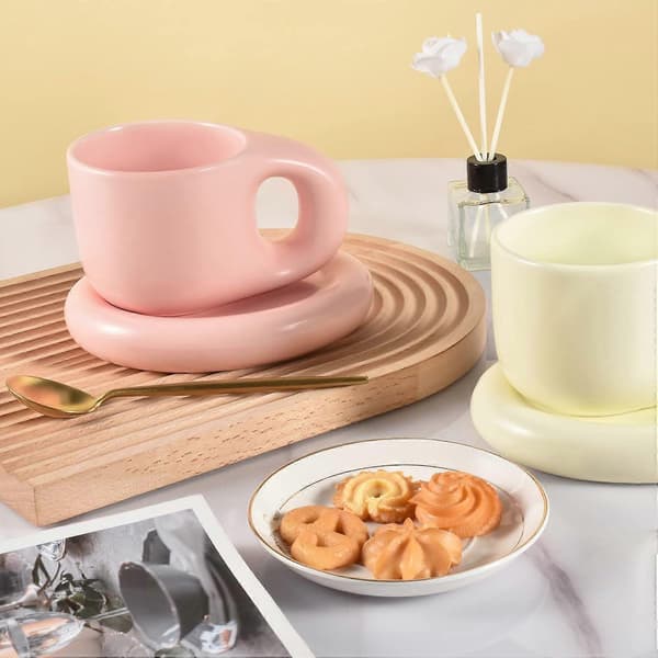 Ceramic Coffee Chubby Mug Tray Set, Creative Cute Thick Handle Cup with Saucer, Suitable for Office and Home, Dishwasher Safe, Latte Tea Milk (Pink)