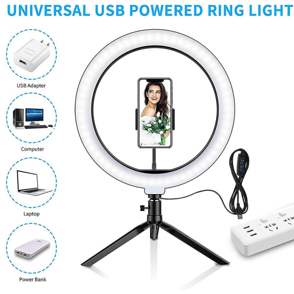Led-ringlys med stativstativ & 1 telefonholder, dæmpbart skrivebord Selfie-ringlys til makeup-video, livestreamingfotografering, 3 lystilstande
