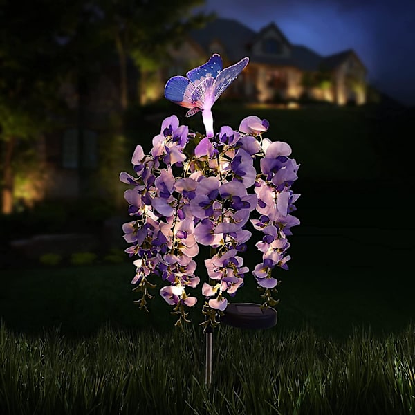 Wisteria-kukkaköynnöksen perhonen aurinkovalot - Moniväriset vaihtuvat LED-valot puutarhaan, terassille, pihalle ja polulle (violetti)