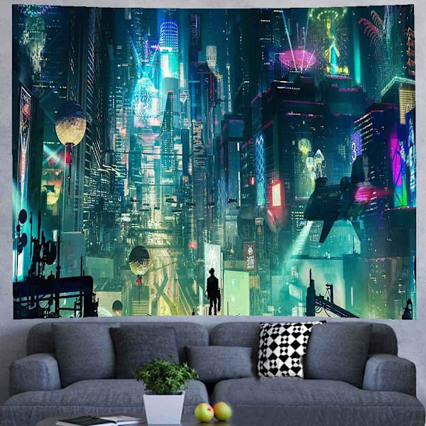 Fantasy Bybilde Veggteppe Futuristisk By Neon Punk Veggdekorasjon Tenåringsgutt Soverom Tepper 60×100CM for Stue Sovesal Sovesal