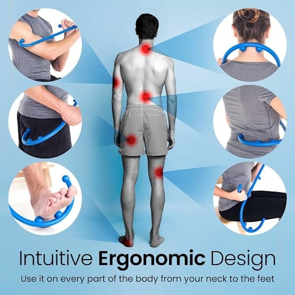 Back and Neck Massager - Blue - for Pain Relief from Trigger Points, Fibromyalgia, and Self-Massage with Hook Therapy