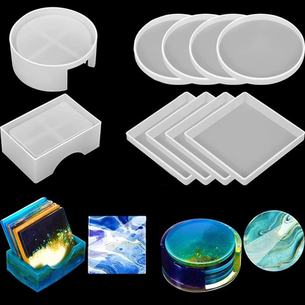 10 stykker Silikon Coaster Resin Molds Oppbevaringsboks Rund rektangelform Epoksy silikonform for DIY Art Craft Cup Mat
