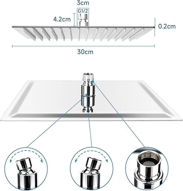 Antikalk dusjhode, 12 tommer/30 cm firkantet, polert kromfinish, vannbesparende