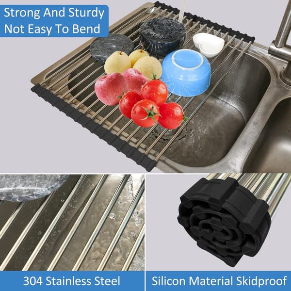 Foldable Dish Drying Rack, Heat-Resistant Food-Grade Stainless Steel, Roll-Up Drain Mat, for Sink, Silver Black