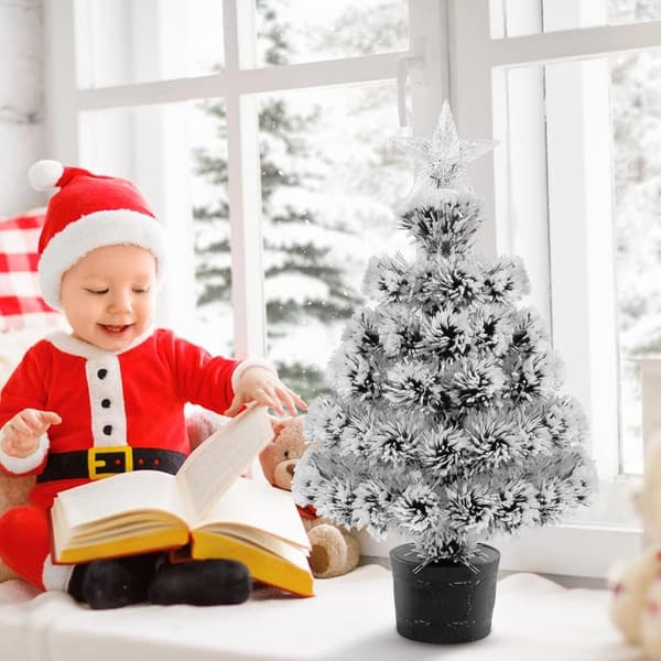 Small Tabletop Fiber Optic Christmas Tree, Mini Artificial Christmas Tree Pre-lit with Snow Flocking, Plug-in Model, 60cm