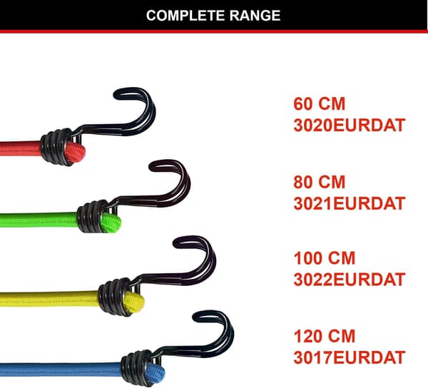 Elastisk reb med krog (2-pak) (længde: 60 cm) (pigtråd). Velegnet til transport af tunge genstande. Rød.