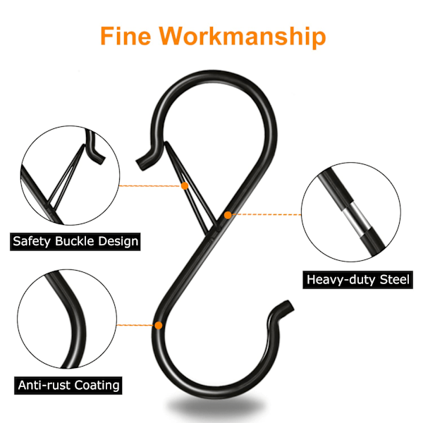 6 kpl S-koukkuja ripustamiseen, 3,7 tuuman vahvat metalliset S-koukut turvakiinnityksellä, S-muotoiset koukut kattokoukkuja, vaatekaappikoukkuja