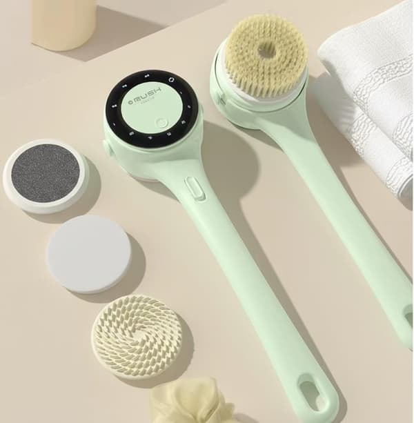 Electric Shower Brush - Rechargeable Long Handle Back Scrubber with 5 Replaceable Heads & LCD Display for Exfoliation & Massage