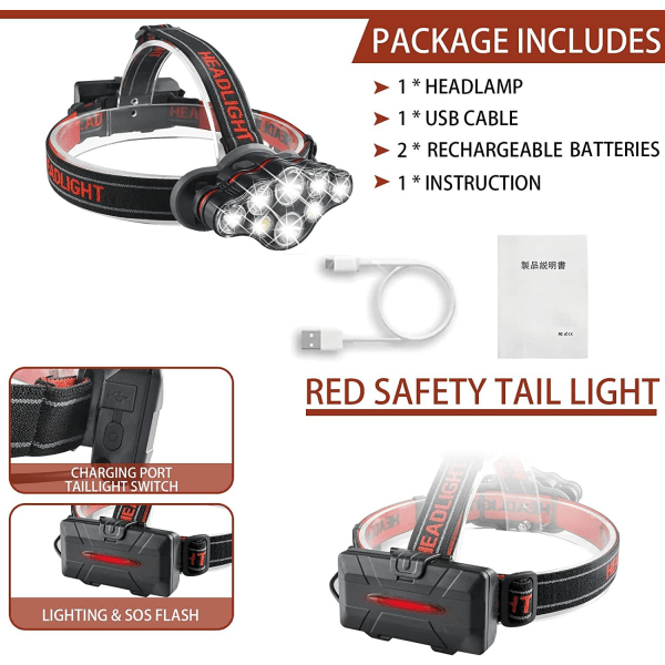 Uppladdningsbar pannlampa, 8 LED-lumen ljus huvudlampa med rött ljus, lätt USB huvudlampa, 8 lägen vattentät huvud ficklampa för utomhuslöpning