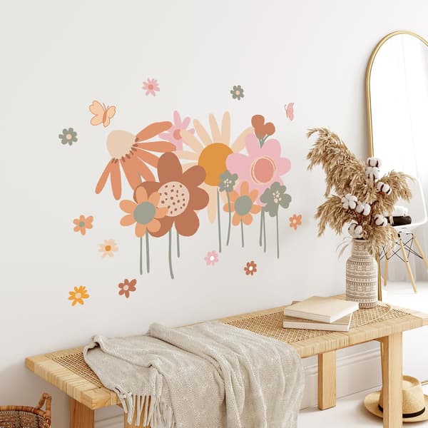 Färgglada Blommiga Väggdekaler Retro Boho Blommiga Väggdekaler Stor Trädgårdsblommiga Väggdekaler För Vardagsrum Sovrum