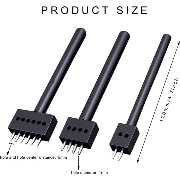 Piikki-lyöntityökalusarja - 3 kpl 5 mm nahka rivi pyöreä reikä hammaslyöntityökalu, 2/4/6 piikki pyöreä leikkaus nauhoitus ommelveitsi