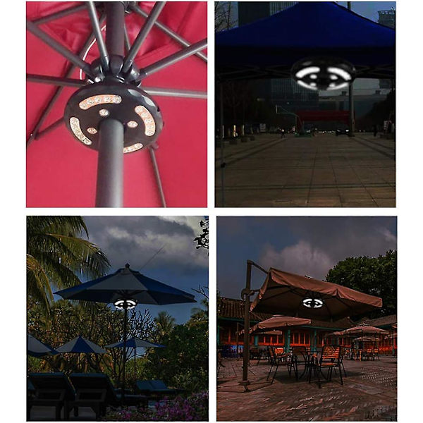 Have-lys til haveparasol, terrasseparasol, 24 LED'er, 3 lysmønstre, parasol-lys til terrasse, have, stor parasol (varmt lys)