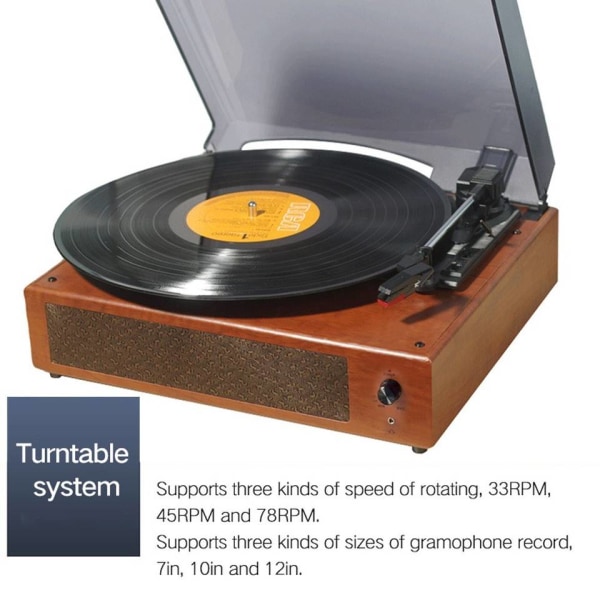 Vinyl platespiller Bluetooth platespiller med 2 innebygde høyttalere 3-trinns vintage LP-spiller, støtte Bluetooth i RCA Out