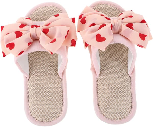 Comfortable Flat Bedroom Slippers: Linen Weave Open Toe - Non-Slip Rubber Base & Toeless Bow Details