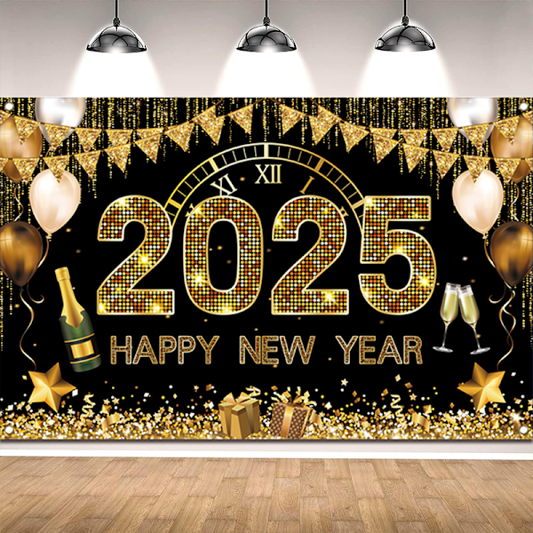2025 Gott Nytt År Bakgrundsklocka Nedräkning Svart och Guld Glitter Fotobakgrund för Nyårsfest Dekoration