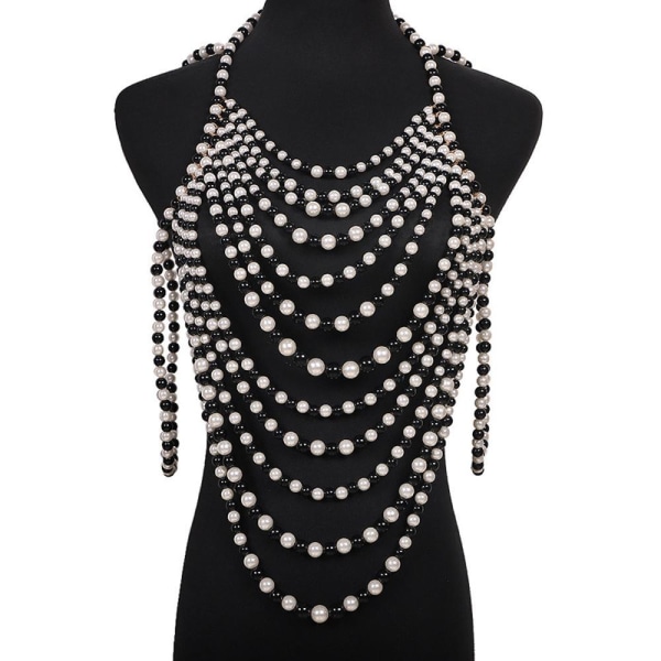 Women Pearl Beaded Body Chain Shawl Pearl Necklace Jewelry Layered Necklace Collar Black