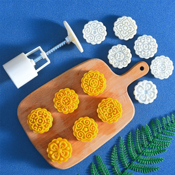 Moon Cake Mold 6 PCS, Mid Autumn Festival DIY Hand Press Cookie Stamps Pastry Tool Moon Cake Maker, Flower Mode Patterns