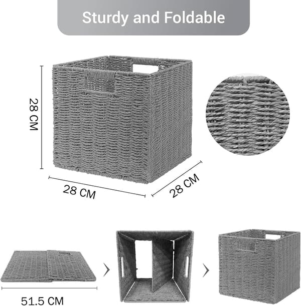Storage Baskets, Hand-Woven Cube-Shaped Wicker Basket 28cm, Large Foldable Hyacinth Paper Basket with Handles, Decorative Basket (Grey)