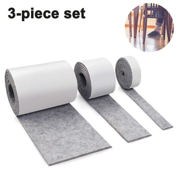 3 ruller selvklæbende filt til møbler (100 cm * 10 cm + 100 cm * 5 cm + 100 cm * 2 cm) Klip enhver form, stærkt klæbende glidemåttebånd, til stolgrå Grey