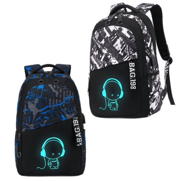 Luminous Cartoon Backpack Large Capacity Multi-Pocket Shoulder Bag - Blue Grey