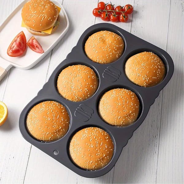 34 cm Silikoneform - Hamburgerboller - Non-stick - Varmebestandig - Form - 6 Huller - Bageplade - Hamburgere - Sort