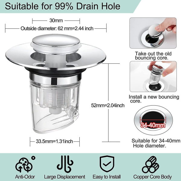 Vaskesluk, Pop-up Avløpshette Med Luktsikker Og Anti-insekt Sil, Universell Anti-tilstopping Vaskesluk, Badekaravløp Kompatibel Med 34-40mm