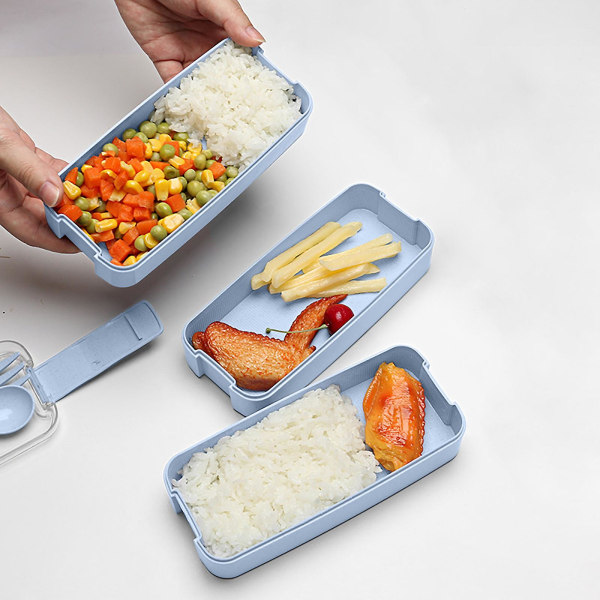 Pinottava Bento-laatikko, Lounaslaatikkosetti Lusikalla & Haarukalla, 3-osainen Kompartmentoitu Vehnänolkiateriavalmistelusäiliö Light blue