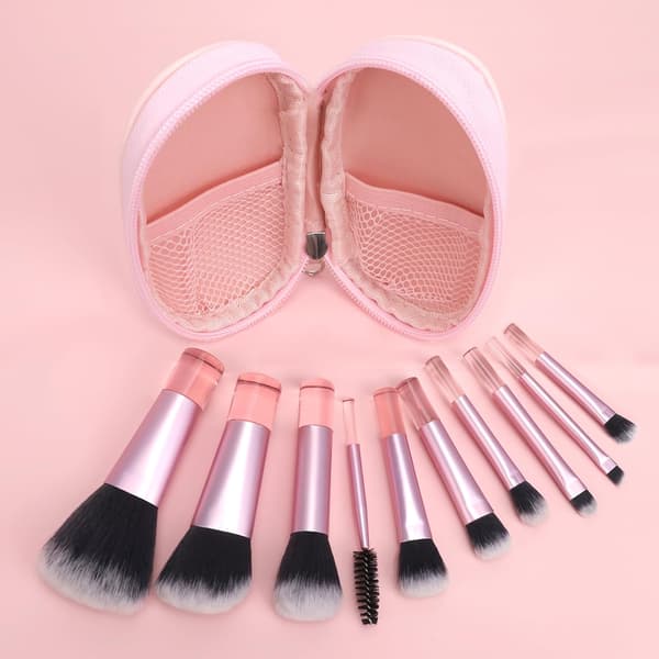 Travel Makeup Brush Set, 10 Mini Brushes with PU Case, Portable Brush Kit, Pink