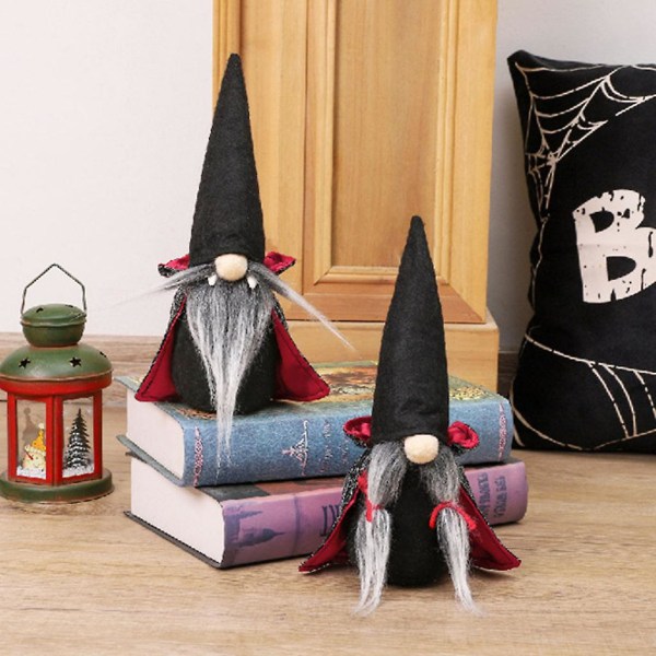 Halloween Håndlaget Tomte Svensk Gnome Ornament med Witch Cape Hat til jul Svart skjegg