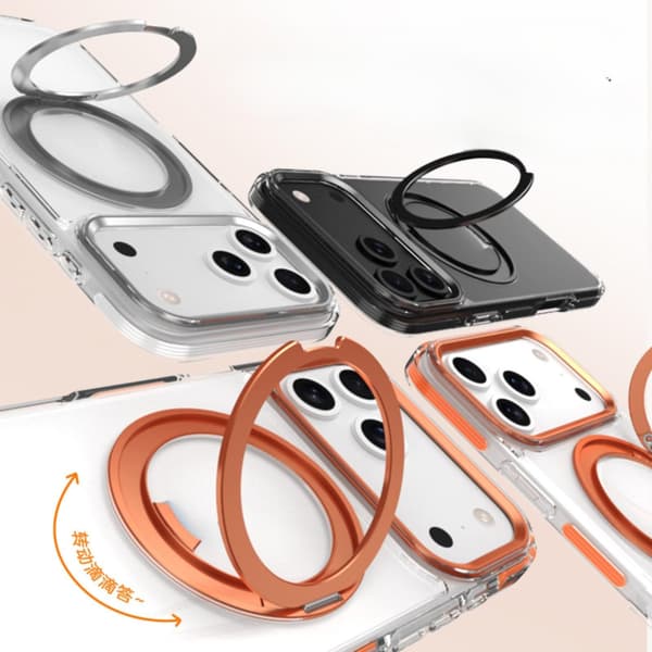 Transparent Case for iPhone 17 Pro with 360 Degree Rotating Ring Strap Shockproof Heavy Duty Military Grade Protective Case Orange