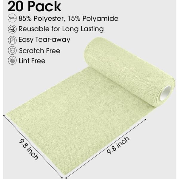 Microfiber Cleaning Cloth Roll, Reusable, Lint-Free, Washable, 20 Sheets for Kitchen