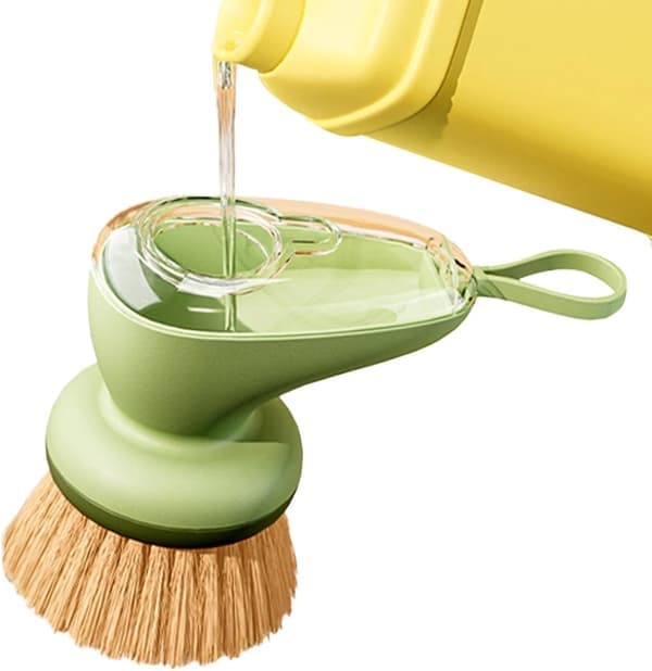 Refillable Dish Brush with Soap Dispenser - Vegetable Patterned Soap Dispensing Scrubber for Pots, Pans, and Sinks, One-Handed Dishwashing [Ho]