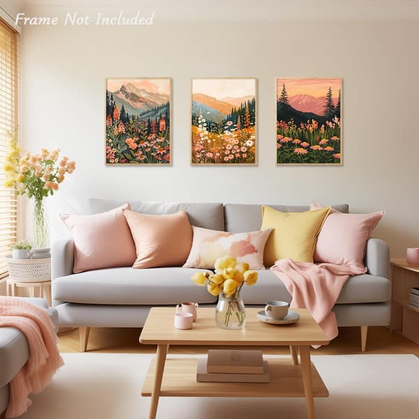 Set med 3 väggkonst i boho-stil föreställande blommande berg, 30x40 cm (Ram ingår ej)