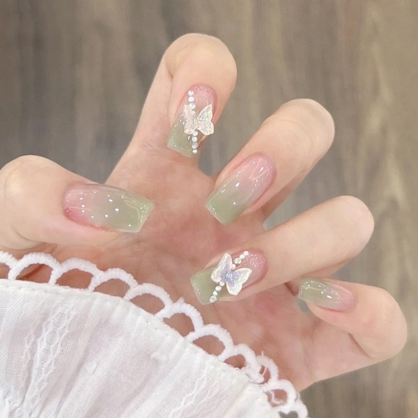 Falske negle Akryl fuld dækning falske negle med perle charme sommerfugl grafik design til kvinder og piger DIY negle kunst dekoration