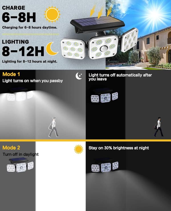 138 LED Solar Lights Outdoor, Motion Sensor Security Light with 270° Wide Angle, 3 Lighting Modes, IP65 Waterproof Solar Powered Wall Lamp