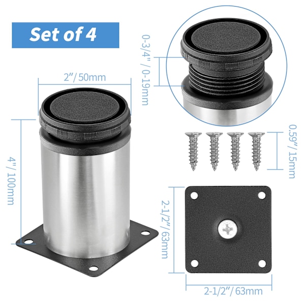 4 tum metallmöbelben i rostfritt stål justerbara ben silver bordsben runda skåpben för soffbord skåp skrivbord
