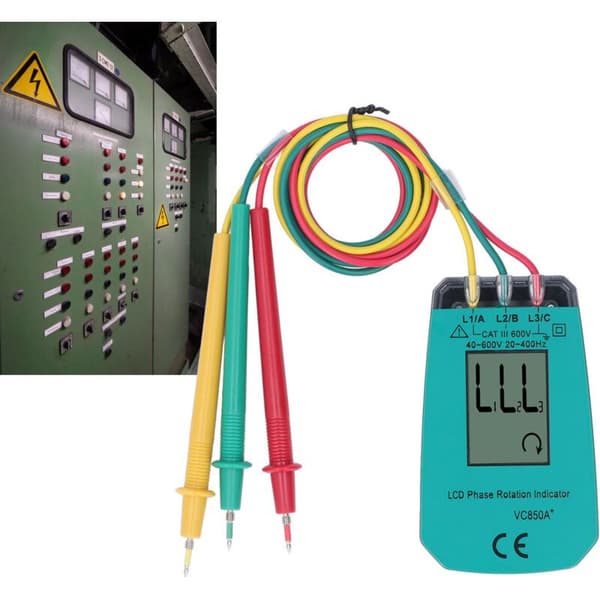 Three-phase Sequence Tester with LCD Screen, Phase Rotation Detector, 40 to 600 V for Testing