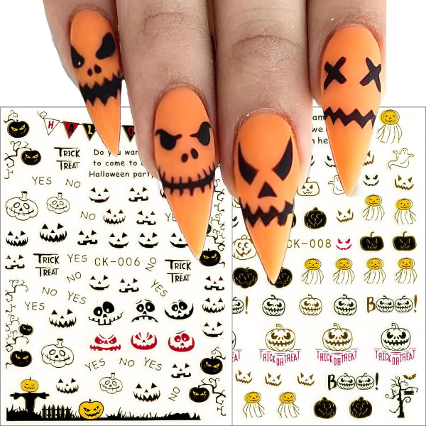 5 ark Halloween Nail Art Stickers Decals, Cute Spider Web Græskar Skull Bat Ghost Witch 3D Golden Design selvklæbende