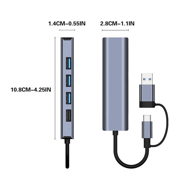 Usb 3.0 til Ethernet-adapter 5 i 1 multiporthub med Gigabit og Type-c strømport Lan nettverksadapter