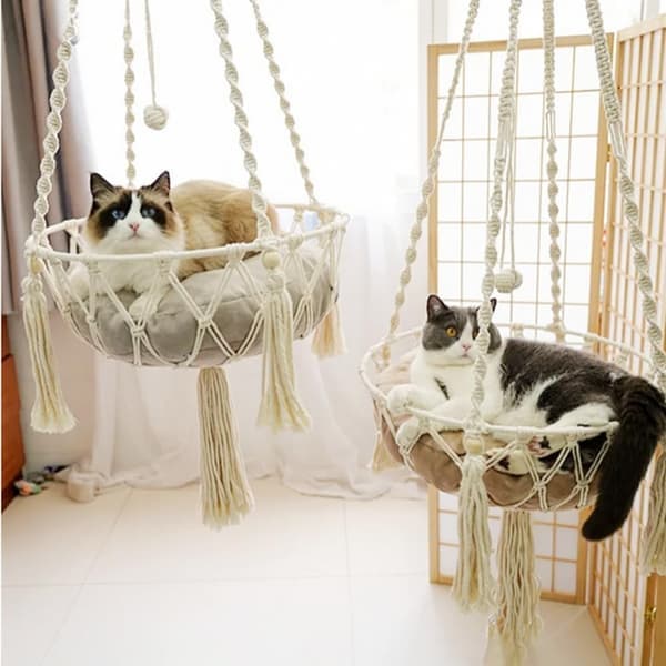 Cat Hammock, Hanging Cotton Swing, Cat Hammock for Window, Knitted Bed, Hanging Cat Bed for Sleeping, Playing, Climbing and Relaxing